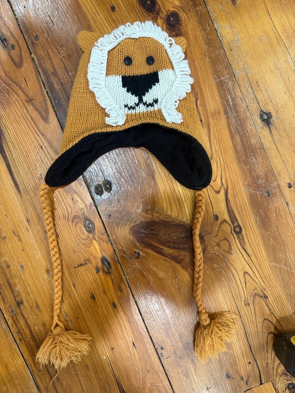 Winter Hat Mustard Knit Lion Beanie with Ivory Loop Mane Fleece Lined
